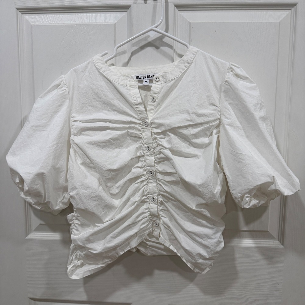 Walter Baker White Ruched Puff Sleeve Cotton Blouse Top W53468 XL
